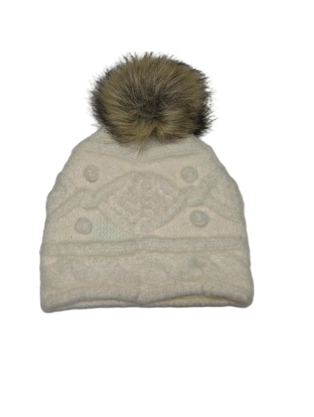 Express Ivory White Cable Knit Beanie Winter Hat Faux Fur Pom Pom One Size